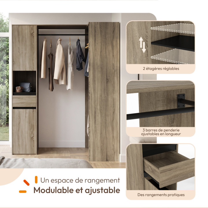 Dressing d'angle modulable L. 145/199 cm MELMAN triple penderie + portes + tiroir + étagères bois et noir