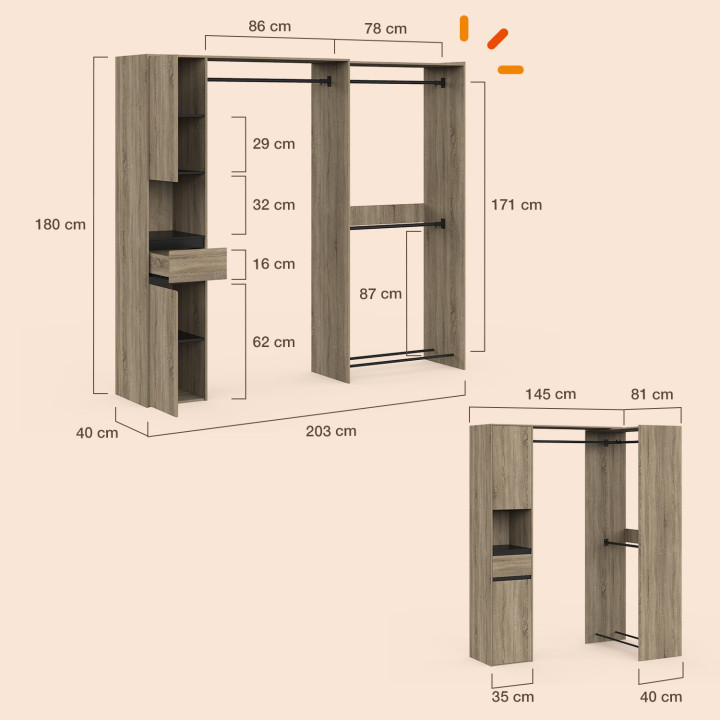 Armadio angolare modulare L. 145 / 203 cm MELMAN con tripla appendiabiti + ante + cassetto + ripiani in legno e nero