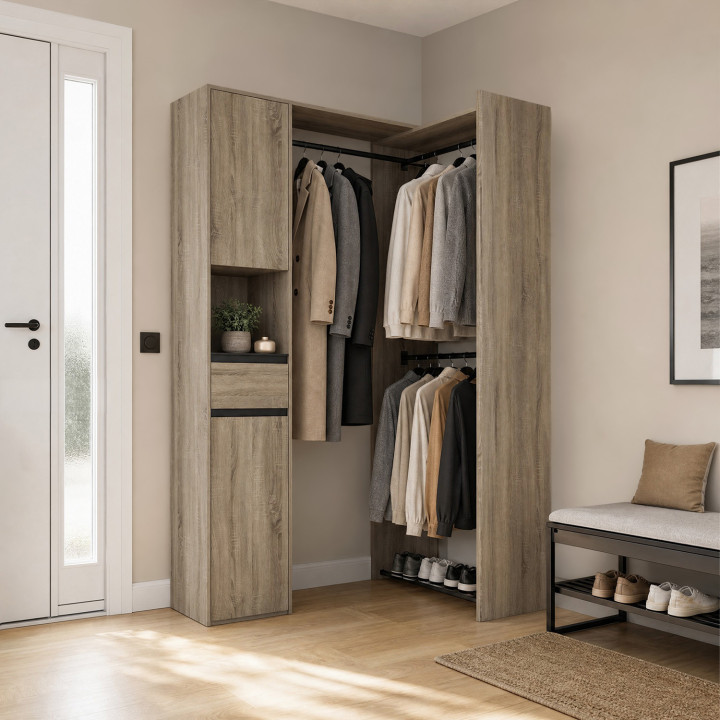 Modulaire hoekkast, breedte 145 / 203 cm, MELMAN, met drie kledingrekken + deuren + lade + planken in hout en zwart