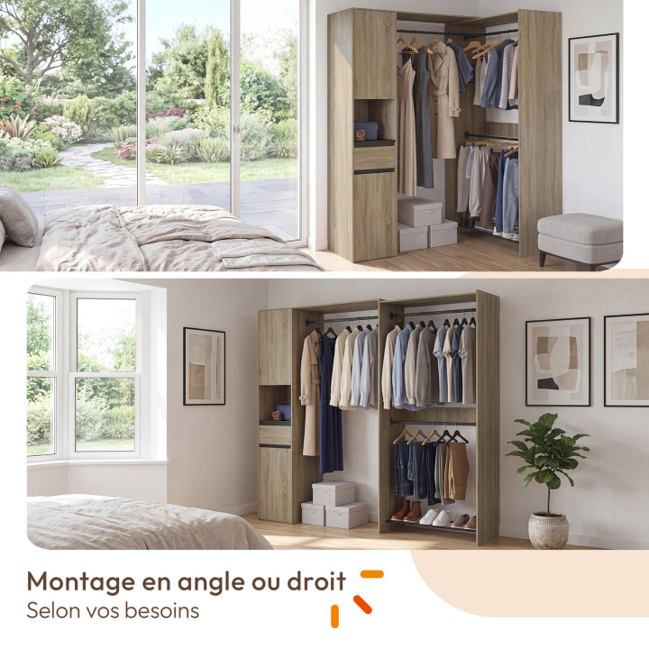 Armario esquinero modular, 145 / 203 cm de largo, modelo MELMAN: tres compartimentos para colgar + puertas + cajón + estantes en