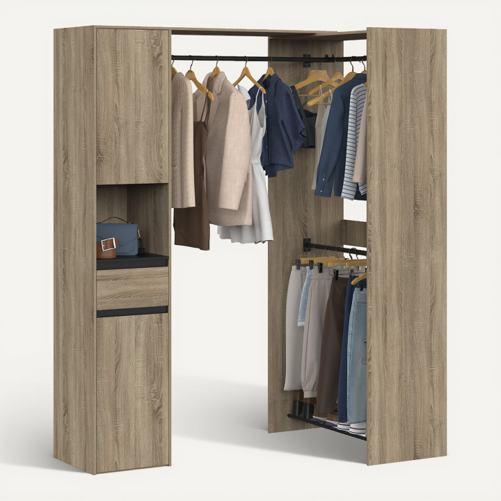Armadio angolare modulare L. 145 / 203 cm MELMAN con tripla appendiabiti + ante + cassetto + ripiani in legno e nero