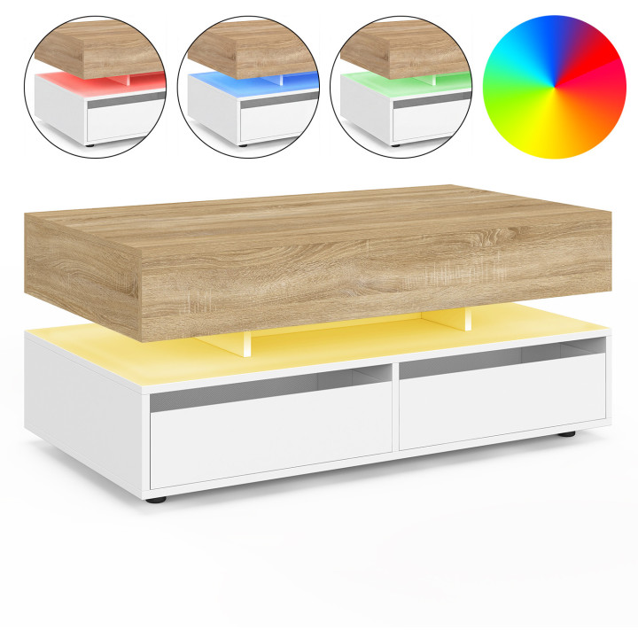 Table basse plateau relevable rectangulaire ELSA 90 cm 2 tiroirs avec LED en bois blanc et plateau façon hêtre