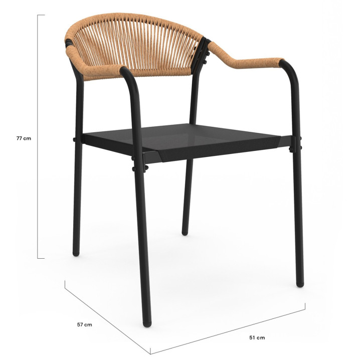 Lot de 4 chaises de jardin MADEIRA métal, cordage et textilène noir et rotin clair