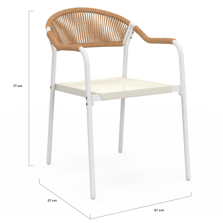 Set di 6 sedie da giardino in metallo bianco con corde beige e textilene e rattan chiaro