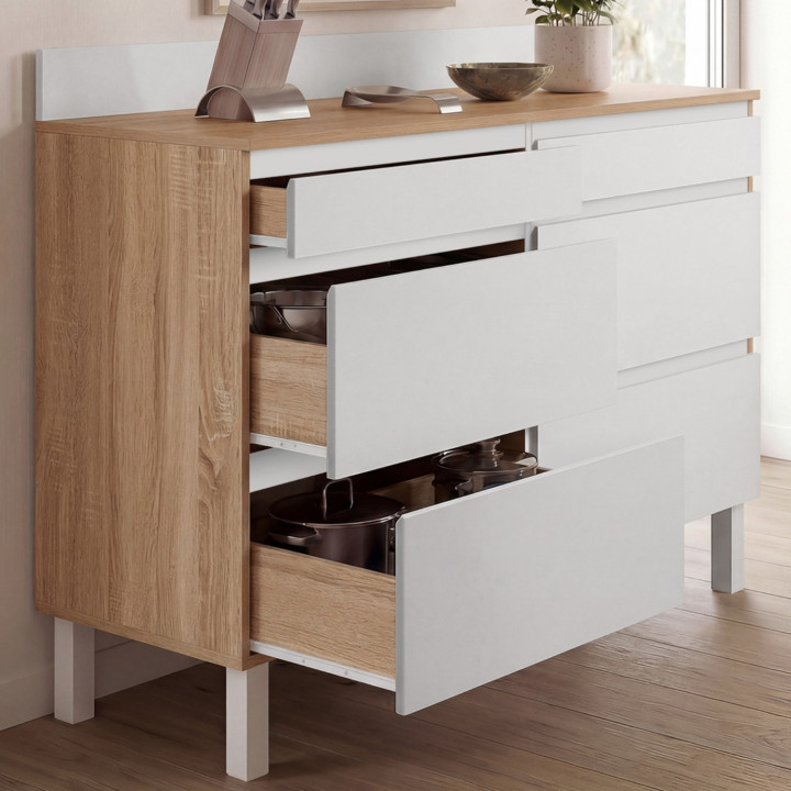 Aparador bajo de cocina con doble compartimento para ollas, 120 cm, modelo CLAUDE, encimera de 83 cm de altura, 6 cajones en mad
