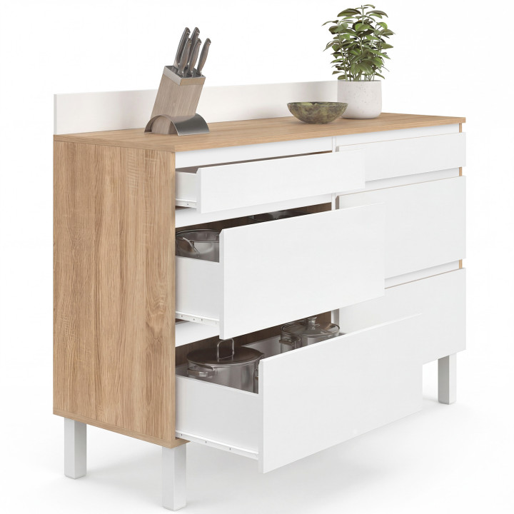 Aparador bajo de cocina con doble compartimento para ollas, 120 cm, modelo CLAUDE, encimera de 83 cm de altura, 6 cajones en mad