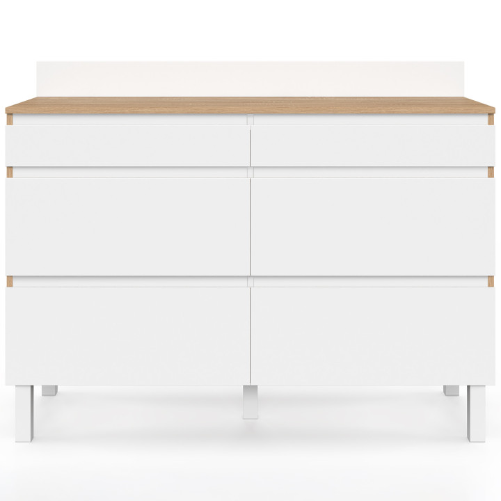 Aparador bajo de cocina con doble compartimento para ollas, 120 cm, modelo CLAUDE, encimera de 83 cm de altura, 6 cajones en mad