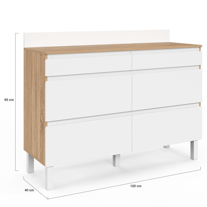 Aparador bajo de cocina con doble compartimento para ollas, 120 cm, modelo CLAUDE, encimera de 83 cm de altura, 6 cajones en mad