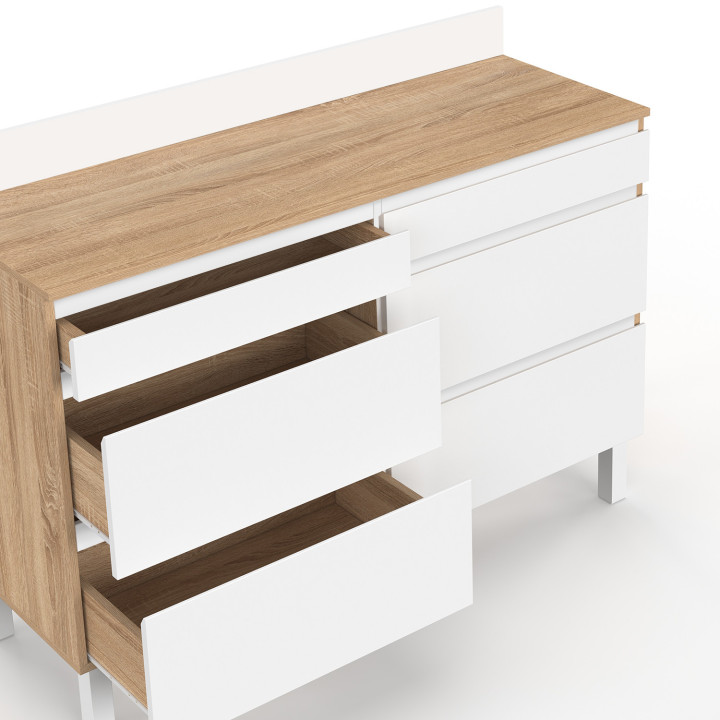 Aparador bajo de cocina con doble compartimento para ollas, 120 cm, modelo CLAUDE, encimera de 83 cm de altura, 6 cajones en mad