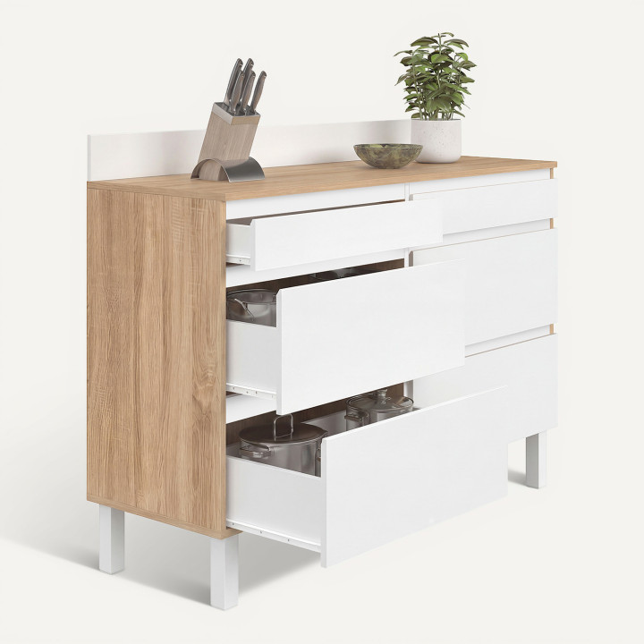 Buffet bas double casserolier de cuisine 120 cm CLAUDE plan de travail H. 83 cm 6 tiroirs bois et blanc