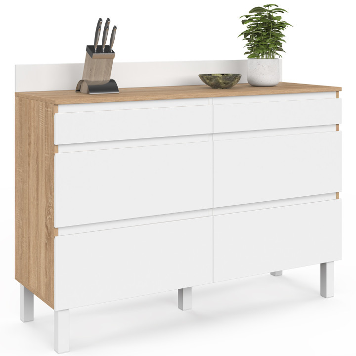 Laag keukenkastje met dubbele pannenlade, 120 cm, CLAUDE, werkblad, hoogte 83 cm, 6 lades, hout en wit