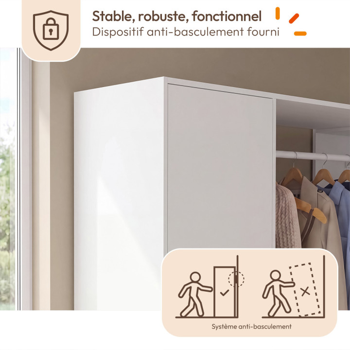 Dressing d'angle modulable L. 145/199 cm MELMAN triple penderie + portes + tiroir + étagères blanc