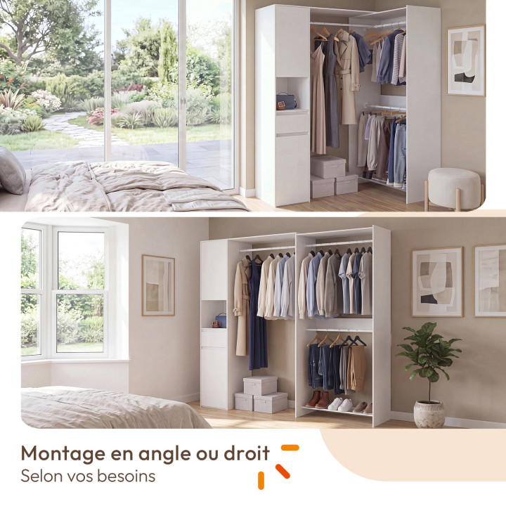 Dressing d'angle modulable L. 145/199 cm MELMAN triple penderie + portes + tiroir + étagères blanc