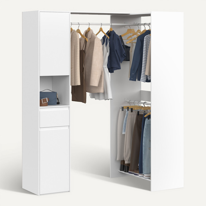 Dressing d'angle modulable L. 145/199 cm MELMAN triple penderie + portes + tiroir + étagères blanc