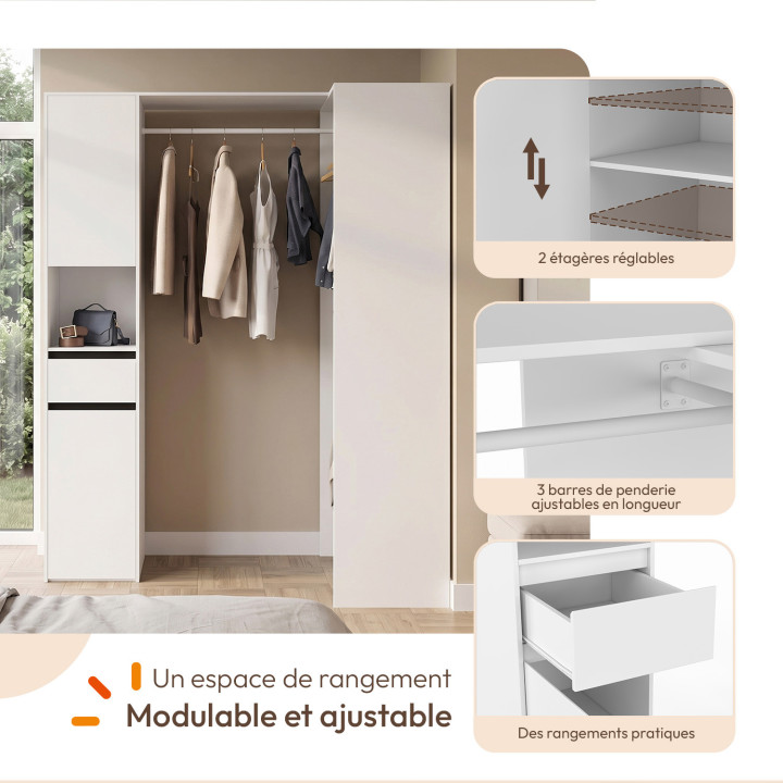 Dressing d'angle modulable L. 145/199 cm MELMAN triple penderie + portes + tiroir + étagères blanc
