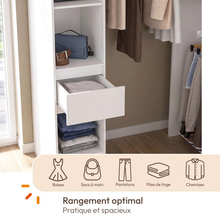 Dressing d'angle modulable L. 145/199 cm MELMAN triple penderie + portes + tiroir + étagères blanc