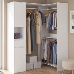 Dressing d'angle modulable L. 145/199 cm MELMAN triple penderie + portes + tiroir + étagères blanc