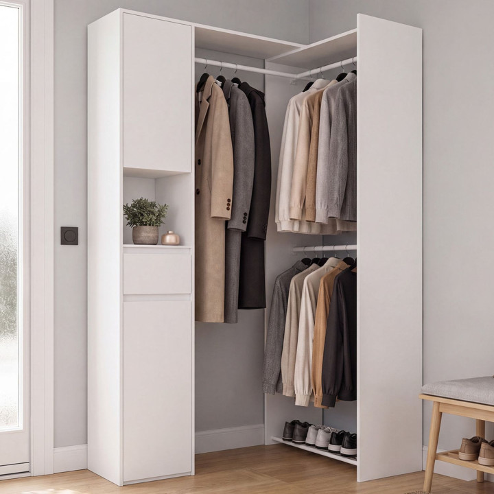 Dressing d'angle modulable L. 145/199 cm MELMAN triple penderie + portes + tiroir + étagères blanc
