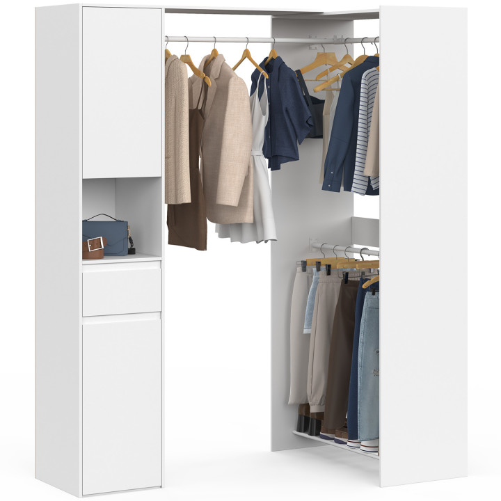 Dressing d'angle modulable L. 145/199 cm MELMAN triple penderie + portes + tiroir + étagères blanc