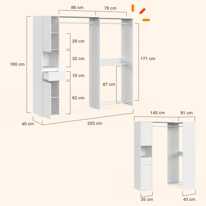 Modularer Eckkleiderschrank, Breite 145 / 203 cm, MELMAN, mit drei Kleiderstangen + Türen + Schublade + Regalböden, weiß