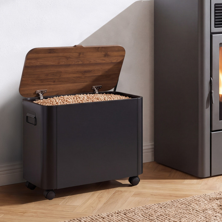 Cassettone da camino multiuso per pellet o legna, con coperchio effetto noce e rotelle in metallo nero