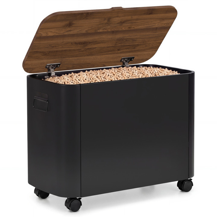 Cassettone da camino multiuso per pellet o legna, con coperchio effetto noce e rotelle in metallo nero
