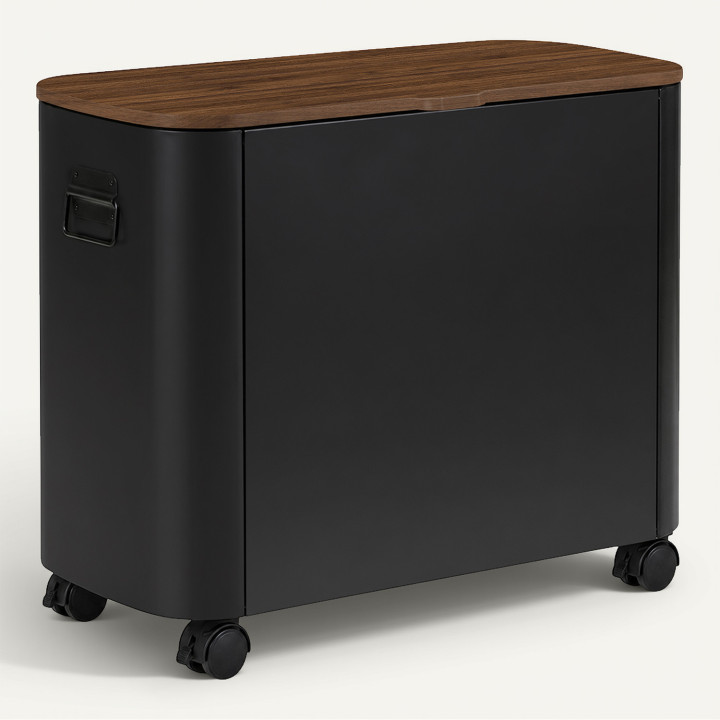 Caja para chimenea multiusos, para guardar pellets o leña, con tapa con acabado de nogal y ruedas metálicas negras