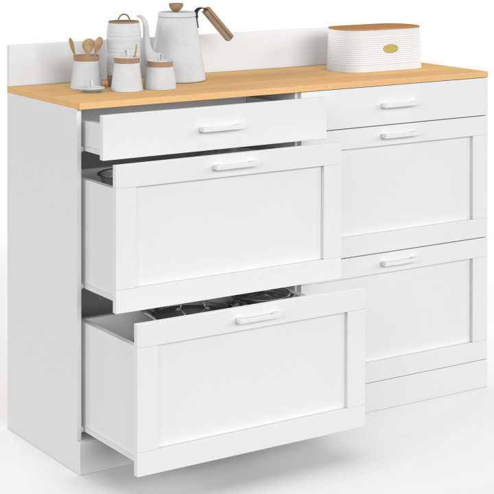 Küchenbuffet 120 cm Frontauszug Arbeitsplatte H.83 cm 1 Tür + 3 Schubladen weiß und Buchenholzplatte - VITO | IdMar
