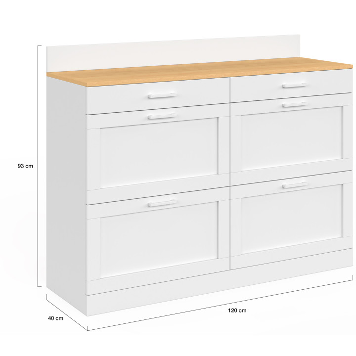 Credenza bassa 120 cm piano di lavoro casserolier H.83 cm 1 anta + 3 cassetti bianchi e piano in faggio - VITO | IdMar