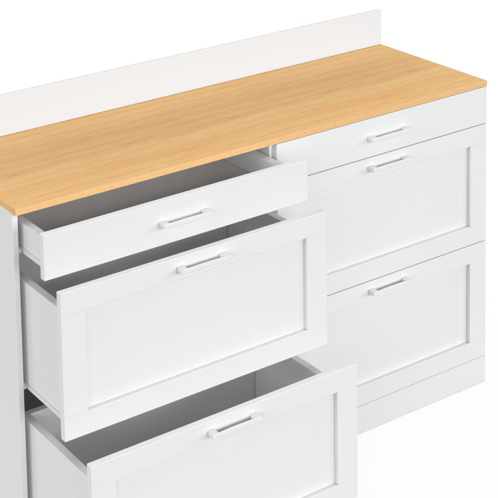 Küchenbuffet 120 cm Frontauszug Arbeitsplatte H.83 cm 1 Tür + 3 Schubladen weiß und Buchenholzplatte - VITO | IdMar