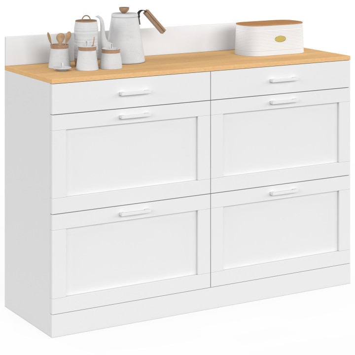 Küchenbuffet 120 cm Frontauszug Arbeitsplatte H.83 cm 1 Tür + 3 Schubladen weiß und Buchenholzplatte - VITO | IdMar
