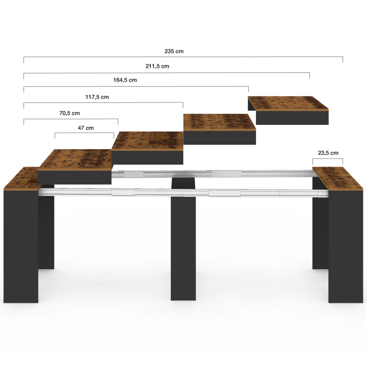 Table console extensible ORLANDO 10 personnes 235 cm bois effet vieilli et noir