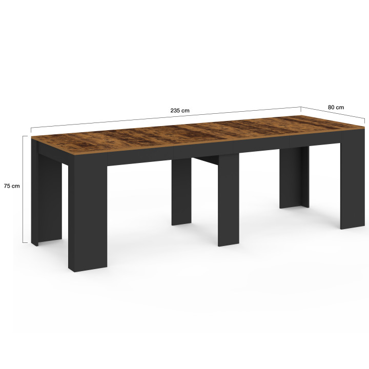 Uitschuifbare consoletafel van 235 cm met verouderd hout- en zwart effect, geschikt voor 10 personen - ORLANDO