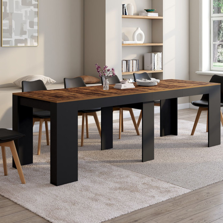 Table console extensible ORLANDO 10 personnes 235 cm bois effet vieilli et noir
