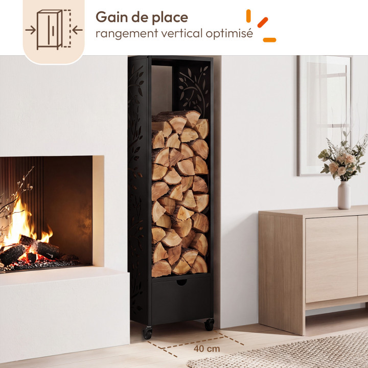 Range bûches vertical plein acier noir motif arbre H. 140 CM pour cheminée avec roulettes et tiroir