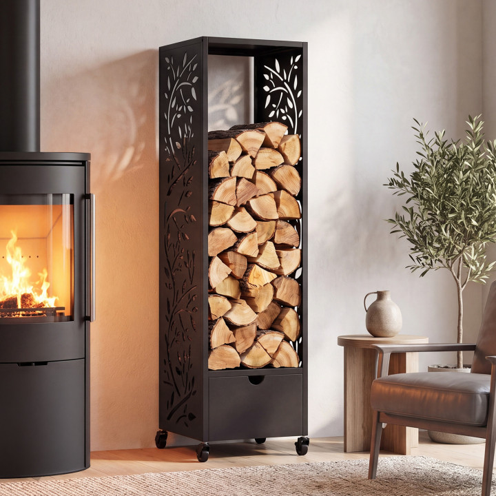 Range bûches vertical plein acier noir motif arbre H. 140 CM pour cheminée avec roulettes et tiroir