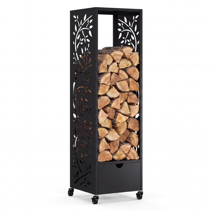 Leñero vertical de acero negro macizo con motivo de árbol H. 140 CM para chimenea con ruedas y cajón