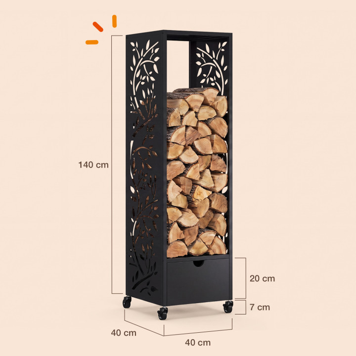 Range bûches vertical plein acier noir motif arbre H. 140 CM pour cheminée avec roulettes et tiroir