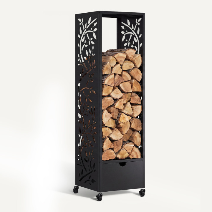 Range bûches vertical plein acier noir motif arbre H. 140 CM pour cheminée avec roulettes et tiroir