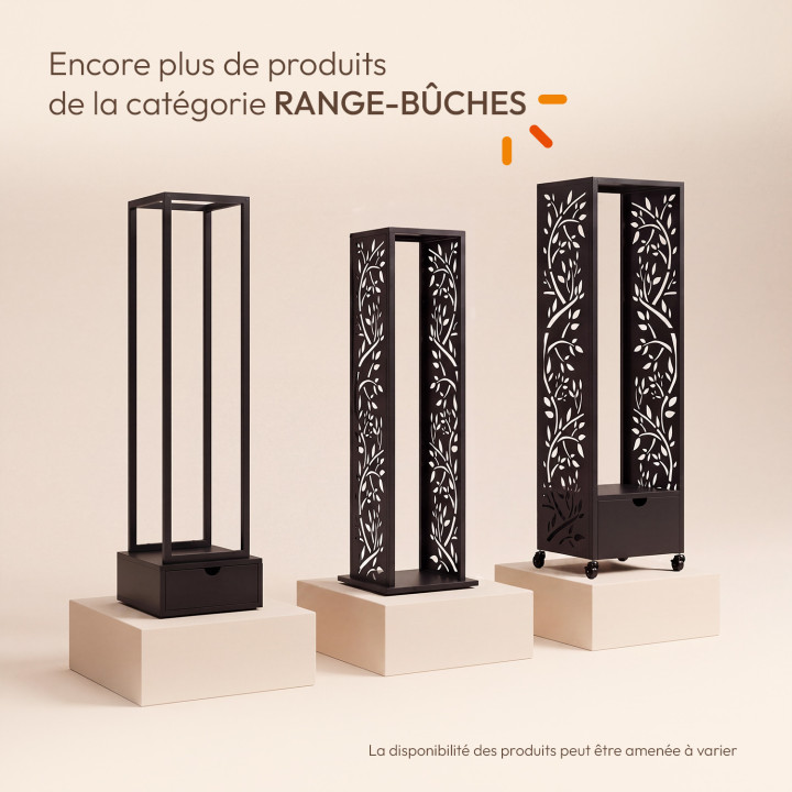 Range bûches vertical plein acier noir motif arbre H. 140 CM pour cheminée avec roulettes et tiroir