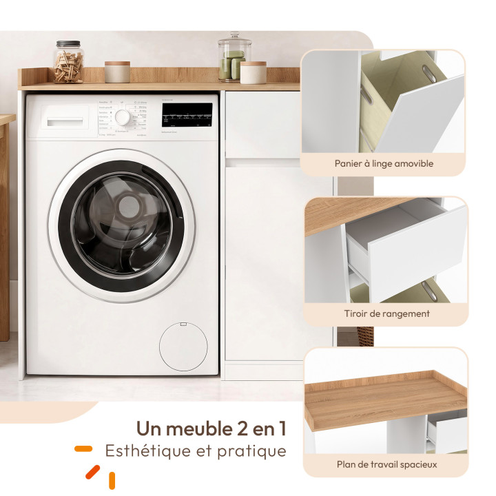 Meuble armoire pour machine à laver avec panier à linge TOMI blanc et bois façon hêtre