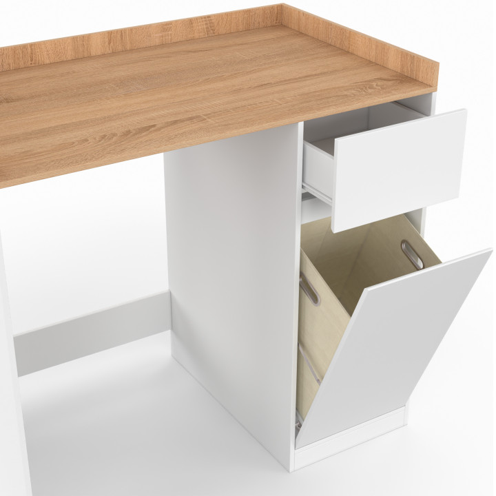 Mobile lavatrice con cesto portabiancheria TOMI in bianco e legno effetto faggio