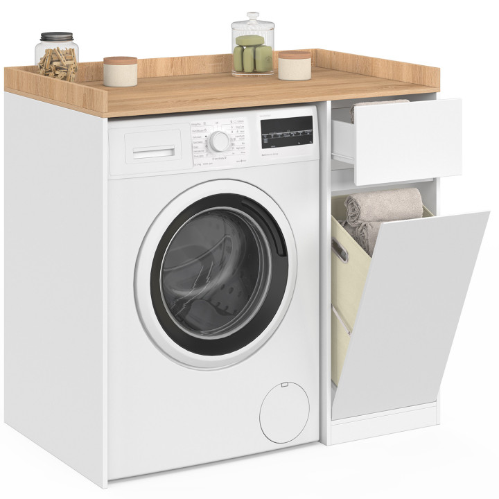 Wasmachinekast met TOMI wasmand in wit en beukenhout