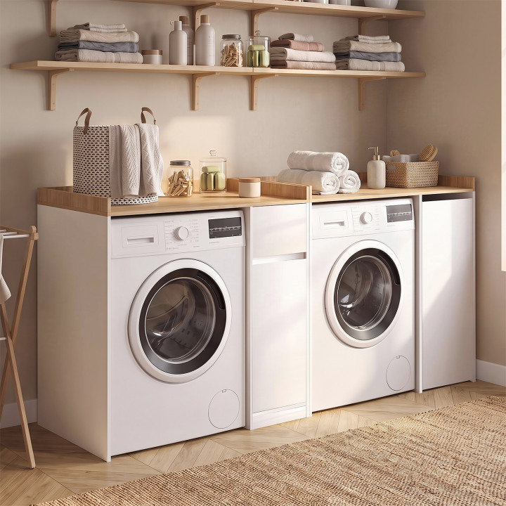 Wasmachinekast met TOMI wasmand in wit en beukenhout
