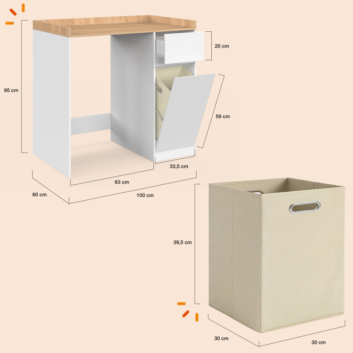 Mobile lavatrice con cesto portabiancheria TOMI in bianco e legno effetto faggio