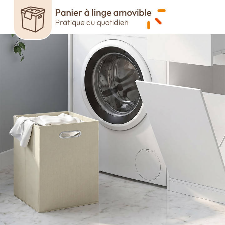 Mobile lavatrice con cesto portabiancheria TOMI in bianco e legno effetto faggio
