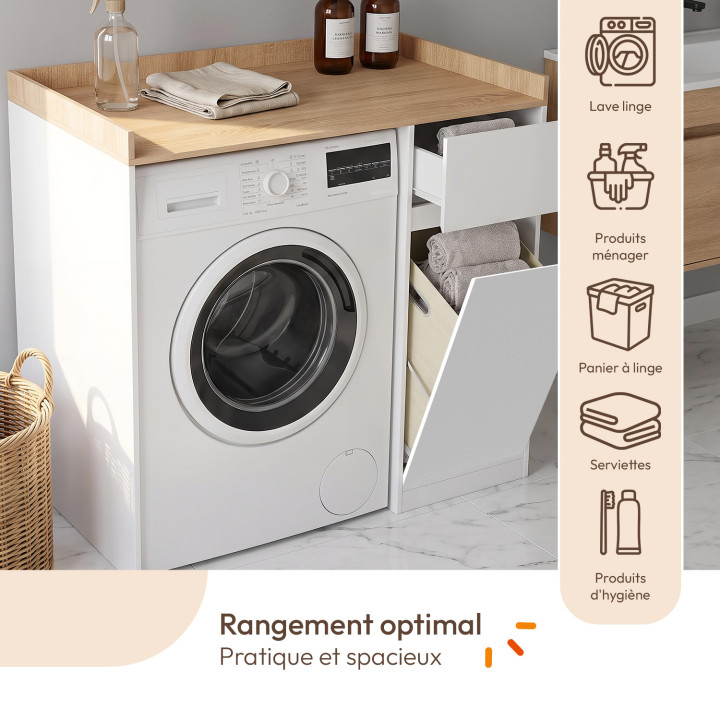 Meuble armoire pour machine à laver avec panier à linge TOMI blanc et bois façon hêtre