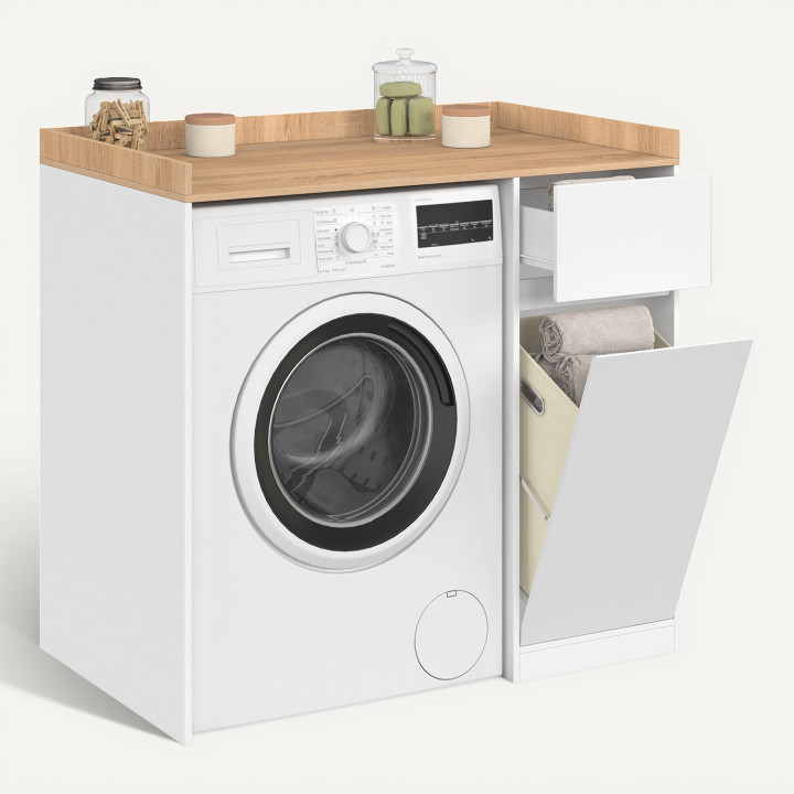 Meuble armoire pour machine à laver avec panier à linge TOMI blanc et bois façon hêtre