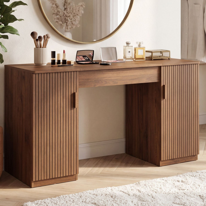 Bureau met opklapbaar blad 140 x 50 cm JULIETTE, 2 deuren met latten en houten profiel in notenhoutlook