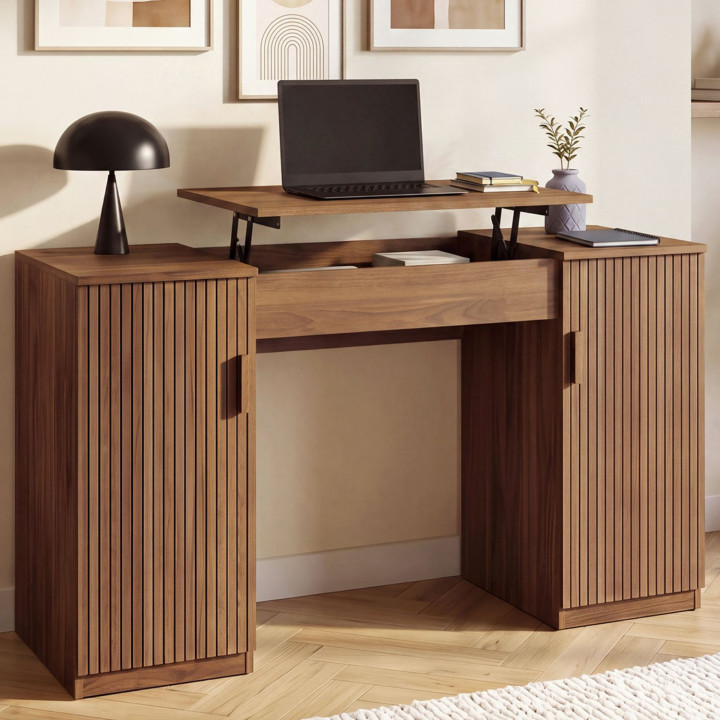 Schreibtisch mit hochklappbarer Arbeitsplatte, 140 x 50 cm, Modell JULIETTE, 2 Türen, Lamellen, Holzleisten, Nussbaum-Optik